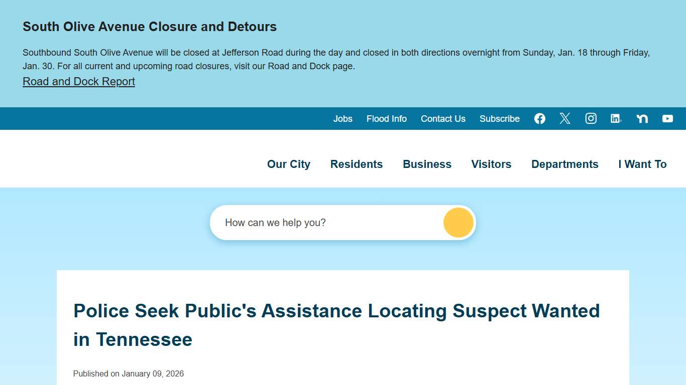 Police Seek Public's Assistance Locating Suspect Wanted in Tennessee City of West Palm Beach