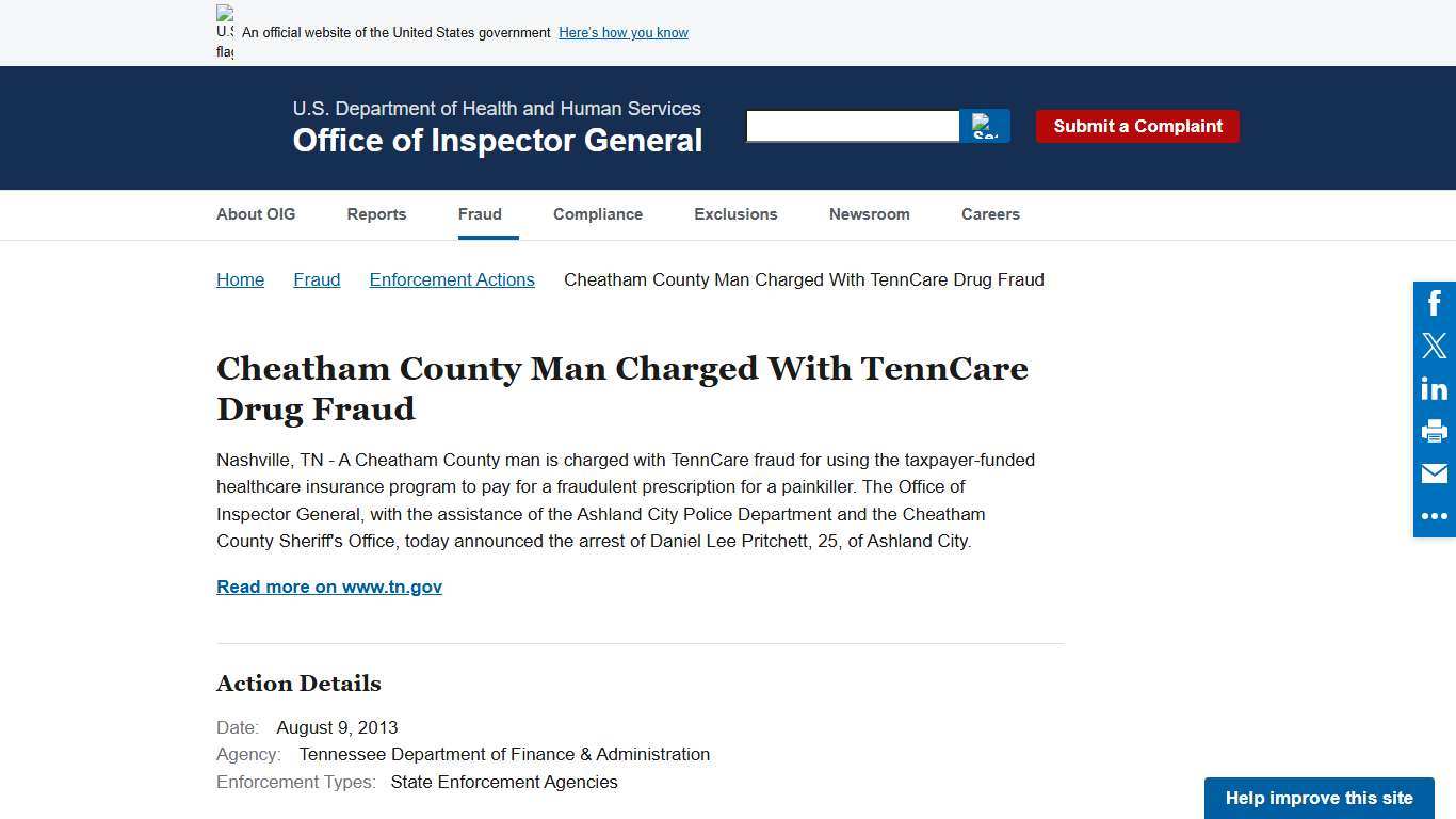 Cheatham County Man Charged With TennCare Drug Fraud | Office of Inspector General | Government Oversight | U.S. Department of Health and Human Services